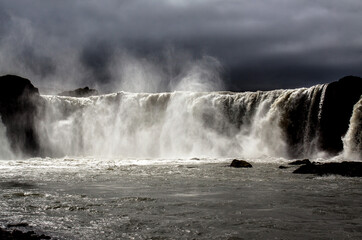 Godafoss waterfall in northern Iceland, low view
