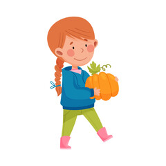 Smiling Girl Character in Rubber Boots Walking with Pumpkin in Her Arms Vector Illustration