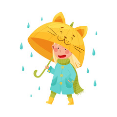 Smiling Girl Character in Rubber Boots and Raincoat Walking with Umbrella Vector Illustration