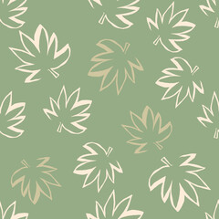 Marijuana outline silhouette seamless pattern. Green background with beige and light elements.