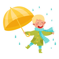 Joyful Boy Character in Rubber Boots and Raincoat Walking with Umbrella Vector Illustration