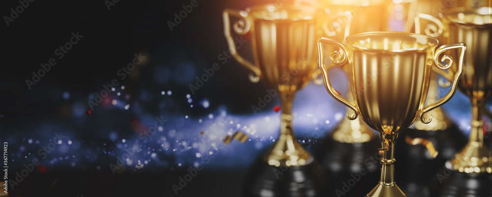 Wall mural close up golden trophy award with falling confetti. copy space for text. 3d rendering.