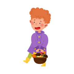 Happy Boy Character in Rubber Boots and Raincoat Picking Mushrooms in the Forest Vector Illustration