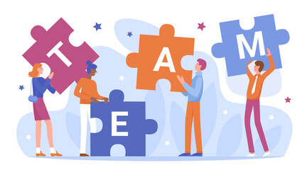 Teamwork of business people connect puzzles vector illustration. Cartoon flat businessman characters holding and connecting puzzle pieces, standing next to team word, partnership isolated on white