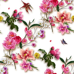 Fototapety  Akwarela malarstwo liści i kwiatów, wzór na białym tle