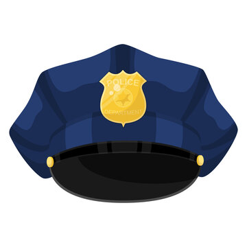 Cartoon police blue cap with golden badge, vector illustration