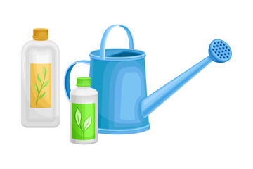 Watering Can and Bottles with Synthetic Fertilizer for Soil and Plant Growth Vector Illustration