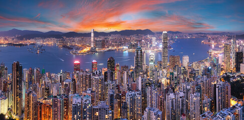 China - Hong Kong cityscape at night - obrazy, fototapety, plakaty