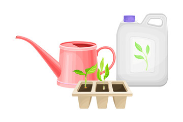 Can with Synthetic Fertilizer for Soil and Plant Growth and Watering Can Vector Illustration