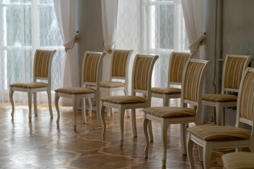 Close up of chairs in room. Beautiful seats in hall for festive events.