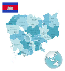 Obraz premium Cambodia administrative blue-green map with country flag and location on a globe.