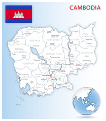 Obraz premium Detailed Cambodia administrative map with country flag and location on a blue globe.