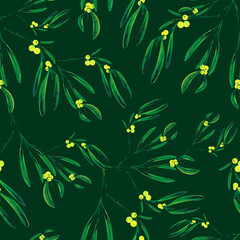 christmas floral seamless pattern with watercolor mistletoe on green background