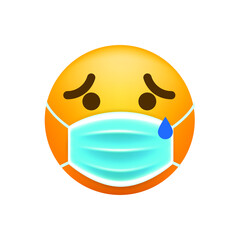 Cute Crying Emoticon with Face Mask on White Background. Isolated Vector Illustration 