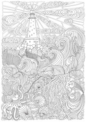 Vector nautical contour thin line illustration. Ocean waves, sea island, lighthouse, fish, pearl shell, octopus. Black and white Hand drawn abstract sketch artwork. Adults coloring book vertical page