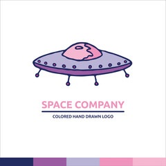 Violet and pink univerce vector illustration with cosmic plate spaceship