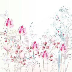 Floral spring illustration with pink tulip flowers, plants and butterflies