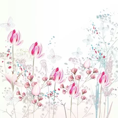 Foto op Plexiglas Babykamer Floral lente illustratie met roze tulp bloemen, planten en vlinders