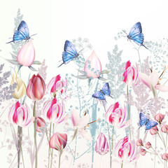 Fototapety  Ilustracja z delikatnymi różowymi kwiatami tulipanów i krokusów, niebieskich motyli, wiosna stylu