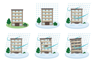 吹雪の被害に遭うマンションのベクターイラストセット