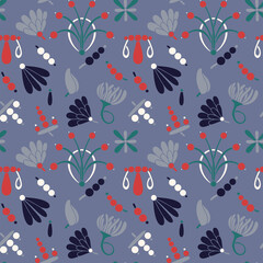 Modern colored seamless pastel blue pattern with flowers and geometric elements. Light blue, white, red and green colors