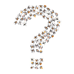 A group of businessmen and a businesswoman in the shape of a question mark. Top view. People crowd in the shape of a question mark. View from above.