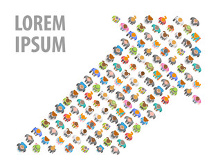 A group of people in the shape of an arrow. Top view. Crowded people vector arrow symbol. View from above. Way to success business concept. 