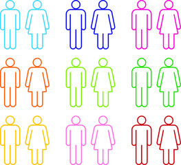 Man and woman icon set. Male and female gender profile symbol. Men and women wc logo. Toilet and bathroom sign. Person outline silhouette. Vector illustration image.