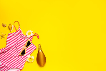 Set of beach accessories for children on color background