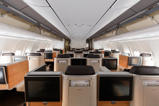 Swiss Airbus A340-300 airplane Business Class cabin Zurich Airport in Switzerland
