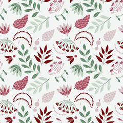 Modern colored seamless pastel pastel pattern with flowers and geometric elements. Light green, purple, red and grey colors