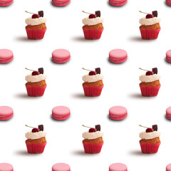 Delicious sweet pastry seamless background with pink macaroons and cupcakes