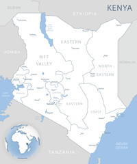 Blue-gray detailed map of Kenya administrative divisions and location on the globe.