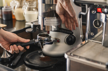 using of coffee machine at the cafe. close up image