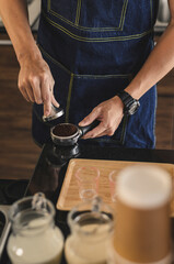using of coffee machine at the cafe. close up image