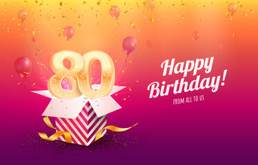 Celebrating 80th years birthday vector illustration. Eighty anniversary celebration background. Adult birth day. Open gift box with flying holiday numbers 