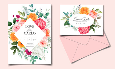 Obraz premium Floral wedding invitation template set with beautiful flower and leaves decoration