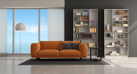 Moder living room with sofa and bookcase