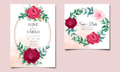 Floral wedding invitation template set with beautiful flower and leaves decoration