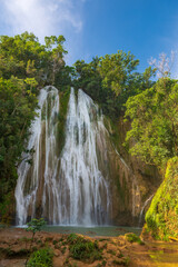 Salto de Limon waterfall located in the centre of the tropical forest, Samana, Dominikana Republic. - obrazy, fototapety, plakaty