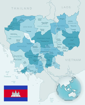 Blue-green Detailed Map Of Cambodia Administrative Divisions With Country Flag And Location On The Globe.