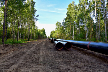 Crude oil and Natural gas pipeline construction work in forest area.  Petrochemical Pipe on top of wooden supports. Installation and Construction the Pipeline for transport gas to LNG plant