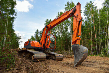 Excavator clearing forest for new development. Orange Backhoe modified for forestry work. Tracked heavy power machinery for forest and peat industry. Logging, road construction in forests