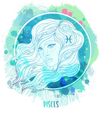 Watercolor drawing of Pisces astrological sign as a beautiful girl over paining. Zodiac vector illustration isolated on white. Future telling, horoscope, alchemy, fashion woman.