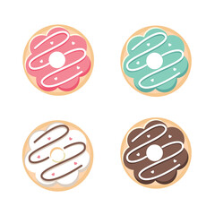 Donut vector set isolated on white background. Top View Donuts collection into glaze with white chocolate, strawberry,mint and chocolate.flat design illustration. cute cartoon sweets and desserts. 