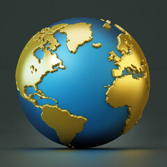 Blue and gold colored globe isolated on black. 3D illustration