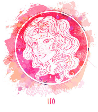 Watercolor drawing of Leo astrological sign as a beautiful girl over paining. Zodiac vector illustration isolated on white. Future telling, horoscope, alchemy, fashion woman.