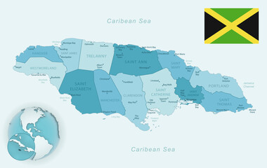 Blue-green detailed map of Jamaica administrative divisions with country flag and location on the globe.