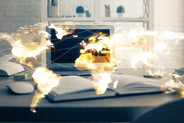 Multi exposure of business theme icons and table with computer background. Concept of success.