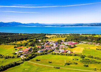 Lake Chiemsee Ising Bavaria. Aerial Panorama. Landscape. Agriculture Fields